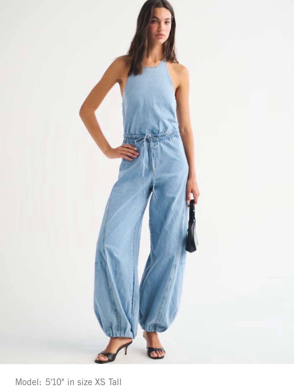 High-Neck Linen-Blend Denim Balloon Leg
Jumpsuit